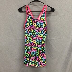 Girls Neon Rainbow Leopard Print One Piece Swim Dress Racerback Skirted Swimsuit